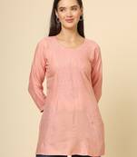 Peach colour ethnic luckhnowi chikankari embroidery work rayon fabric formal casual girlie short kurti