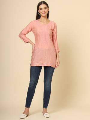 Peach colour ethnic luckhnowi chikankari embroidery work rayon fabric formal casual girlie short kurti 2
