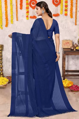 navy blue georgette plain/zari work satin woven border ready made saree piece