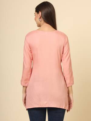Peach colour ethnic luckhnowi chikankari embroidery work rayon fabric formal casual girlie short kurti 3