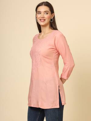 Peach colour ethnic luckhnowi chikankari embroidery work rayon fabric formal casual girlie short kurti 4