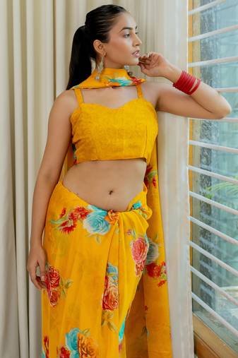 Mustard Yellow Chiffon Floral Print Saree With Unstitched Blouse Piece