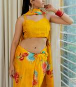 Mustard Yellow Chiffon Floral Print Saree With Unstitched Blouse Piece