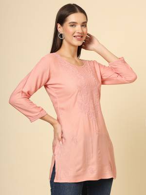 Peach colour ethnic luckhnowi chikankari embroidery work rayon fabric formal casual girlie short kurti 5
