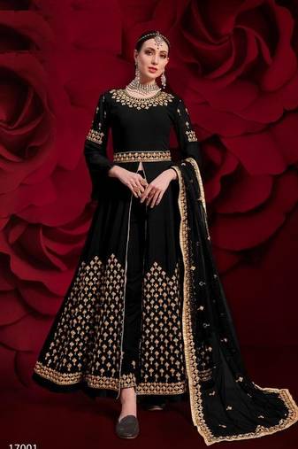  embroidered long Indian black anarkali salwar suit in georgette for wedding party wear
