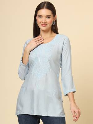 Grey colour ethnic luckhnowi chikankari embroidery work rayon fabric formal casual girlie short kurti 1