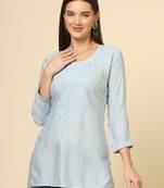 Grey colour ethnic luckhnowi chikankari embroidery work rayon fabric formal casual girlie short kurti