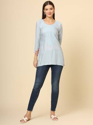 Grey colour ethnic luckhnowi chikankari embroidery work rayon fabric formal casual girlie short kurti 2