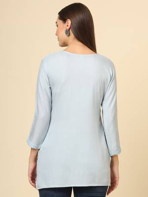 Grey colour ethnic luckhnowi chikankari embroidery work rayon fabric formal casual girlie short kurti 3