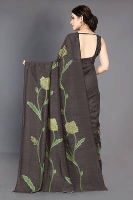 Coffee brown vichitra silk blend floral print ready wear saree with unstitched blouse piece 3
