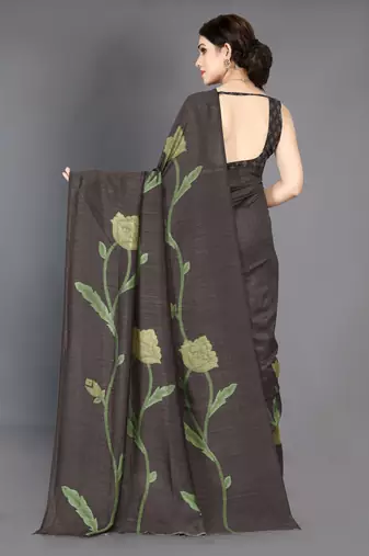 Coffee brown vichitra silk blend floral print ready wear saree with unstitched blouse piece
