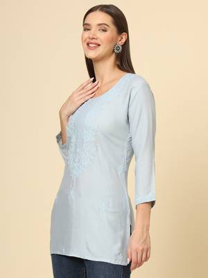 Grey colour ethnic luckhnowi chikankari embroidery work rayon fabric formal casual girlie short kurti 4