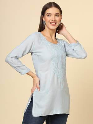 Grey colour ethnic luckhnowi chikankari embroidery work rayon fabric formal casual girlie short kurti 5