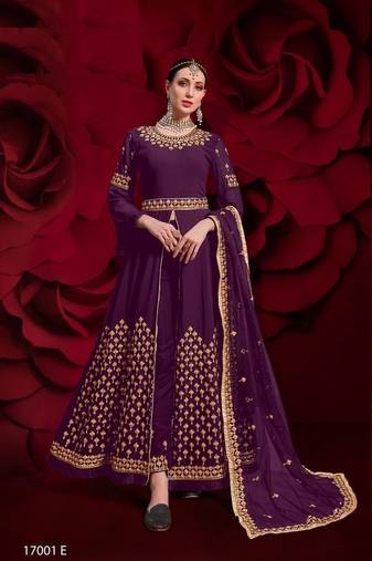  embroidered long Indian wine anarkali salwar suit in georgette for wedding party wear