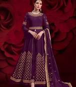  embroidered long Indian wine anarkali salwar suit in georgette for wedding party wear