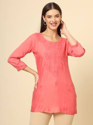 Rust colour ethnic luckhnowi chikankari embroidery work rayon fabric formal casual girlie short kurti 1