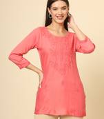 Rust colour ethnic luckhnowi chikankari embroidery work rayon fabric formal casual girlie short kurti