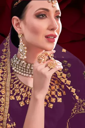  embroidered long Indian wine anarkali salwar suit in georgette for wedding party wear