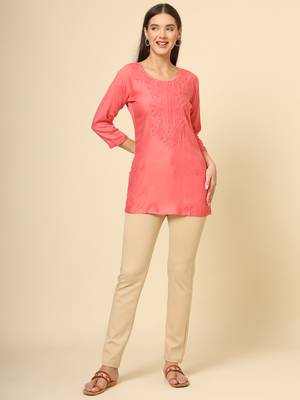 Rust colour ethnic luckhnowi chikankari embroidery work rayon fabric formal casual girlie short kurti 2