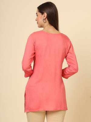 Rust colour ethnic luckhnowi chikankari embroidery work rayon fabric formal casual girlie short kurti 3