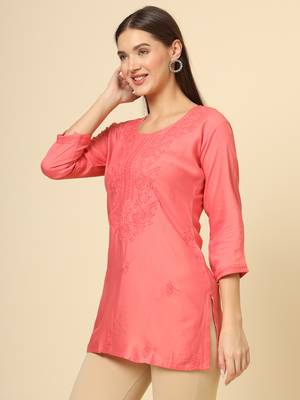 Rust colour ethnic luckhnowi chikankari embroidery work rayon fabric formal casual girlie short kurti 4