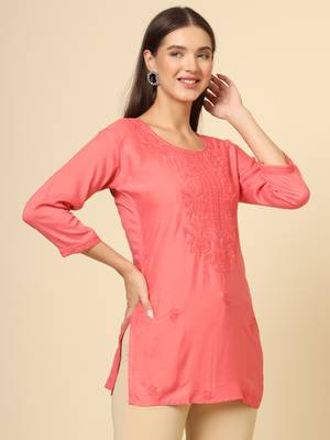 Rust colour ethnic luckhnowi chikankari embroidery work rayon fabric formal casual girlie short kurti 5