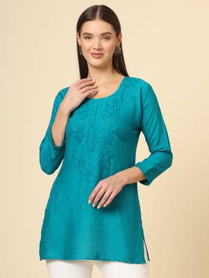 Blue colour ethnic luckhnowi chikankari embroidery work rayon fabric formal casual girlie short kurti 1