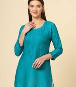 Blue colour ethnic luckhnowi chikankari embroidery work rayon fabric formal casual girlie short kurti