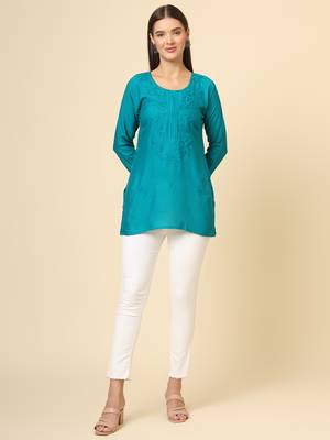 Blue colour ethnic luckhnowi chikankari embroidery work rayon fabric formal casual girlie short kurti 2