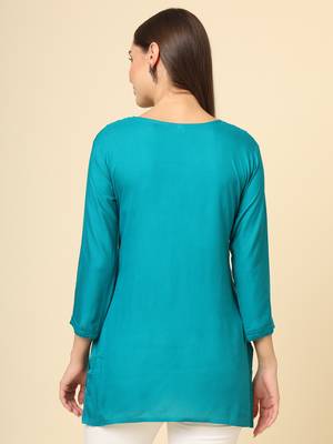 Blue colour ethnic luckhnowi chikankari embroidery work rayon fabric formal casual girlie short kurti 3