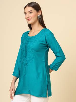 Blue colour ethnic luckhnowi chikankari embroidery work rayon fabric formal casual girlie short kurti 4