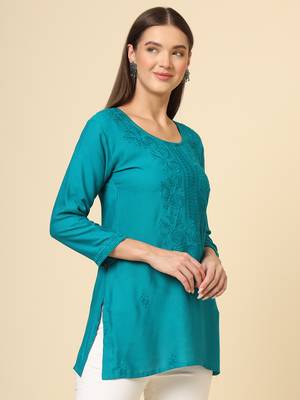 Blue colour ethnic luckhnowi chikankari embroidery work rayon fabric formal casual girlie short kurti 5
