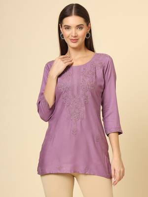 Beautiful purple rayon chikankari work fancy girlish casual short kurti 1