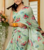 Light Dusty Green Chiffon Floral Print Saree With Unstitched Blouse Piece