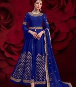  embroidered long Indian blue anarkali salwar suit in georgette for wedding party wear