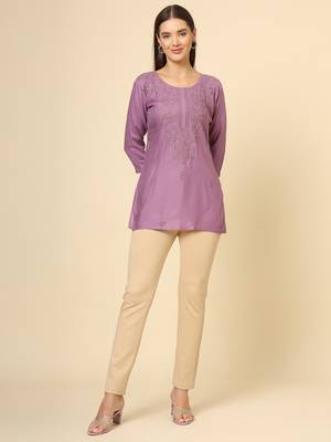 Beautiful purple rayon chikankari work fancy girlish casual short kurti 2