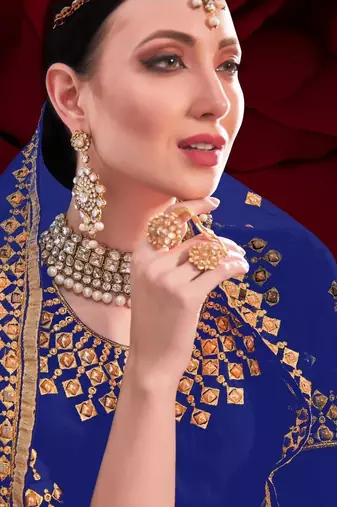  embroidered long Indian blue anarkali salwar suit in georgette for wedding party wear