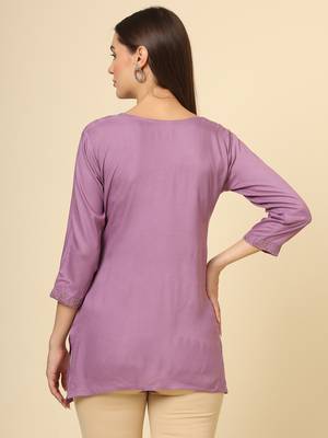 Beautiful purple rayon chikankari work fancy girlish casual short kurti 3