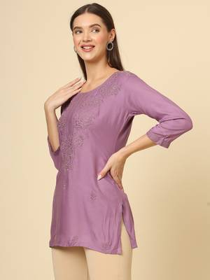 Beautiful purple rayon chikankari work fancy girlish casual short kurti 4