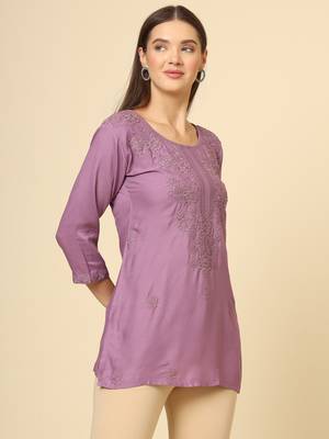 Beautiful purple rayon chikankari work fancy girlish casual short kurti 5