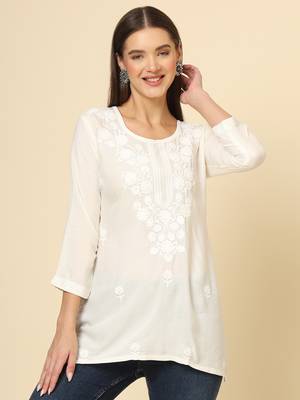 Beautiful off white rayon chikankari work fancy girlish casual short kurti 1