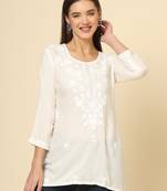 Beautiful off white rayon chikankari work fancy girlish casual short kurti