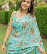 Turquoise Chiffon Floral Print Saree With Unstitched Blouse Piece