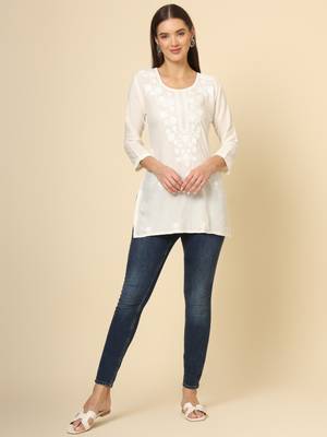 Beautiful off white rayon chikankari work fancy girlish casual short kurti 2