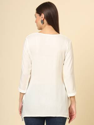 Beautiful off white rayon chikankari work fancy girlish casual short kurti 3