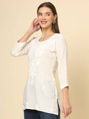 Beautiful off white rayon chikankari work fancy girlish casual short kurti 4