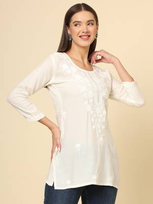 Beautiful off white rayon chikankari work fancy girlish casual short kurti 5