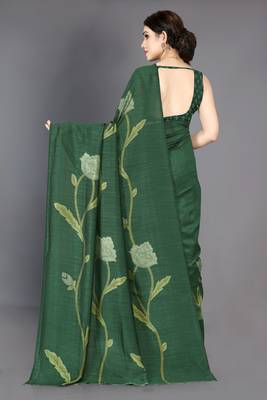 dark green vichitra silk blend floral print pre draped saree piece 3