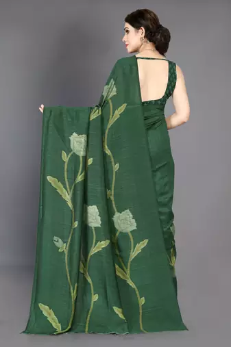 dark green vichitra silk blend floral print pre draped saree piece