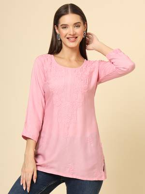 Beautiful pink rayon chikankari work fancy girlish casual short kurti 1